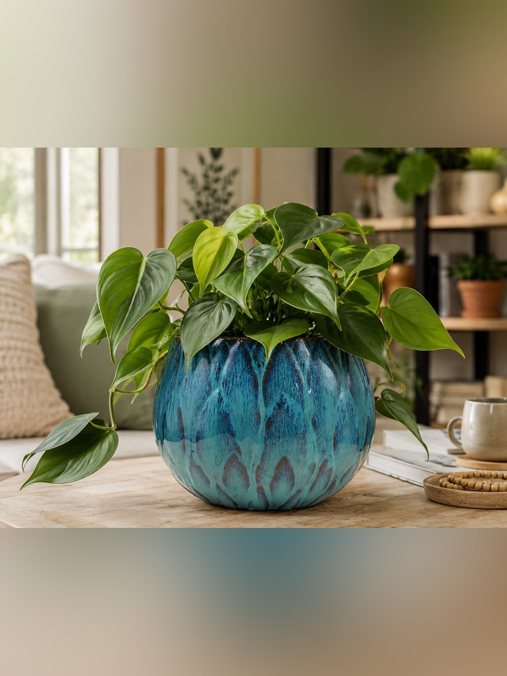 Glazed Ceramic Plant Pot with Drainage Hole - 6 Inch Round Blue Planter